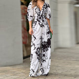2025 New Women's Wear In Fashion Elegant Print Bat Sleeves V-Neck Women's Jumpsuit Women 661 HZ1208