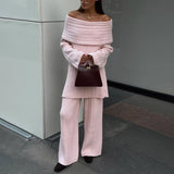 Hot Selling A Word Shoulder Knitted Commuting Set Loose Top Broad Leg Trousers Simple High-Grade Gray Workplace Fashion HZ1208