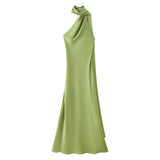 Ins Homemade Niche New Women's Clothing In Spring And Summer Solid Color Hanging Neck Silk And Siding Texture Dress HZ1208