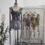 French Retro Oil Painting Wind Dyed Lotus Leaf Side Sling T-Shirts Long Sleeves Drifting Coat 2658 HZ1208