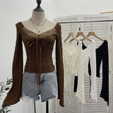 Real Shooting Merard Wind Strapted Bow Splicing Lace Pure Desire Blouse Folding Body Short Blouse 6015 HZ1208