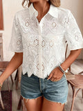 Spring And Summer 2025 Women's New Solid-Colored Lace Shirt Hollow Women's Short-Sleeved Casual Top HZ1208