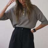 Knitted Button Polo Shirt Five-Sleeve Dopamine Loose Top Female Senior Feeling Lazy Wind Summer HZ1208