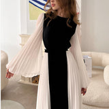 Sexy Women's New Round-Neck Loose Long-Sleeved Elegant Black And White Folded Dress HZ1208