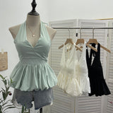 French Retro Hanging Neck Tie With Bare Back Sling Skirt Folded Short Sleeveless Top Woman 9225 HZ1208