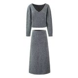 New Temperament Gray V-Neck Long-Sleeved Knitwear In Autumn 2025 + High-Waisted Knitted Half-Dress Suit HZ1208