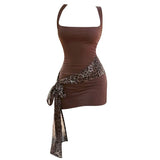 Spice Girl Leopard Spliced Ribbon Ribbon Dress Women's New Summer Small Design-Style Ass Short Skirt HZ1208