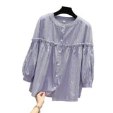 Cotton 2025 Spring And Autumn Korean Version Of The Round-Necked Women's Shirt Age-Old Doll Shirt Fashion Casual Thin Nine-Sleeved Lace Shirt HZ1208
