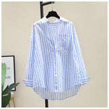 Cotton Shirt 2025 Spring And Autumn Casual Polo Collar Long Sleeve Stripe Loose Retro Stripe Commuting Top Lady HZ1208