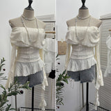 The Ballet Style Shoulder Fold Texture Texture Coat Irregularly Ribbon Horn Sleeve Short Shirt 1158 HZ1208