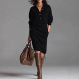 2025 Autumn And Winter New Trend Pure Color Collar Single Row Buckle Long-Sleeved Women's Fashion Long Dress HZ1208