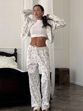 Hot Sale Of Broken Flower Hoodie Set Of Women's Short Zipper Coat Draw Rope Wide Leg Pants Fresh Print Autumn And Winter HZ1208