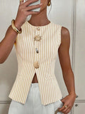 2025 New Women's Single-Drace Vest Coat Elegant Striped Round-Neck Button Vest Top HZ1208