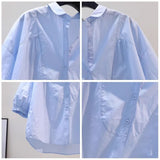 Small Fresh Art And Light Blue Cotton Shirt Women 7-Sleeve Casual Shirt 2025 Summer Temperament Top HZ1208