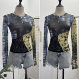 Pictsey Tat Yarn Print Bottom Blouse Spliced Lace Long-Sleeved T-Shirt 22917 HZ1208