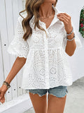 2025 Summer New Collar Hollow Embroidered Women's Short-Sleeved Shirt French Casual Personality Niche Top HZ1208