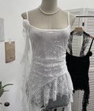 Real Shooting Lace Suspension Sheaf Vest Women's Summer Thin Irregular Lotus Leaf-Side Ribbon Slime Blouse 11851 HZ1208