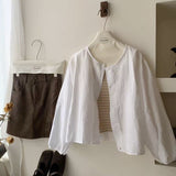 Spring And Autumn Korean Version 2025 New Small Short-Sleeved Shirt Women With Literary And Artistic Round Collar Top HZ1208