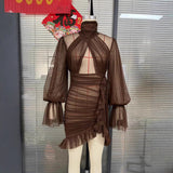 Simple And Generous Dress Women's Summer 2025 New V Tie With Long Sleeves To Close The Waist Shirt Skirt Chiffon Short Skirt HZ1208