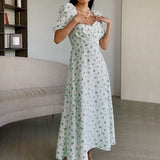 2025 Summer Women's Fresh Sweet Temperament V-Neck Long Floral French Dress Women 661 HZ1208