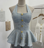 Small Fragrant Wind Coarse Flowers Hanging Neck Sling Vest With Chest Cushions Waist Skirts With Sleeveless Top 2692 HZ1208