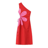 2025 Women's Dress Positioning Flower Print Oblique Shoulder Dress 9050 HZ1208