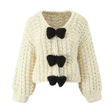 French Bow Sweater Cardigan Jacket Languid Short Heavyweight Knitted Jersey Woman HZ1208