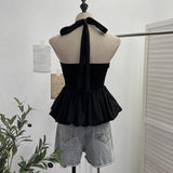 French Retro Hanging Neck Tie With Bare Back Sling Skirt Folded Short Sleeveless Top Woman 9225 HZ1208
